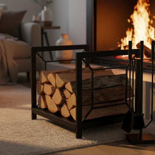 Modern Black Steel Firewood Rack, Indoor Outdoor Log Holder