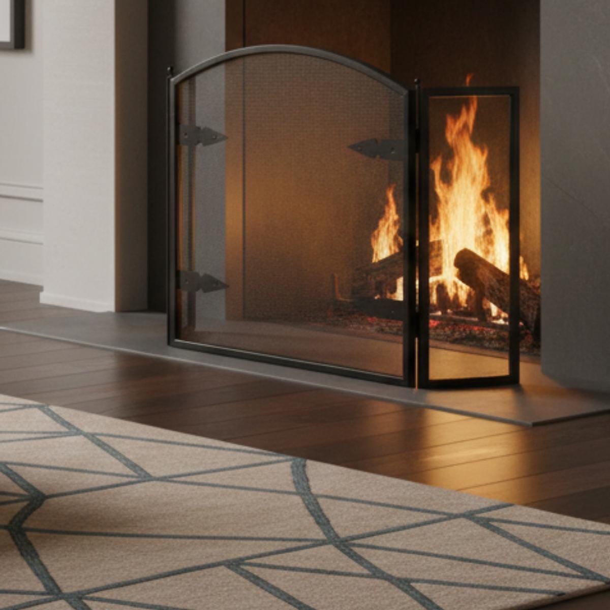 Fireplace screen arched design black metal mesh indoor decor