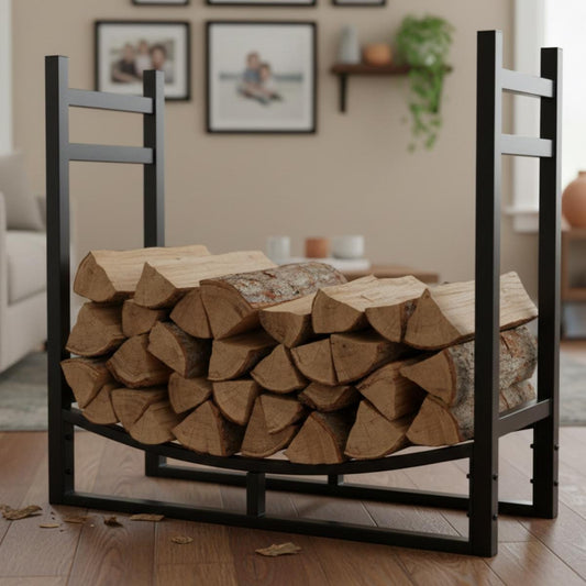 Heavy duty indoor firewood storage rack made of steel, black log holder for fireplace use