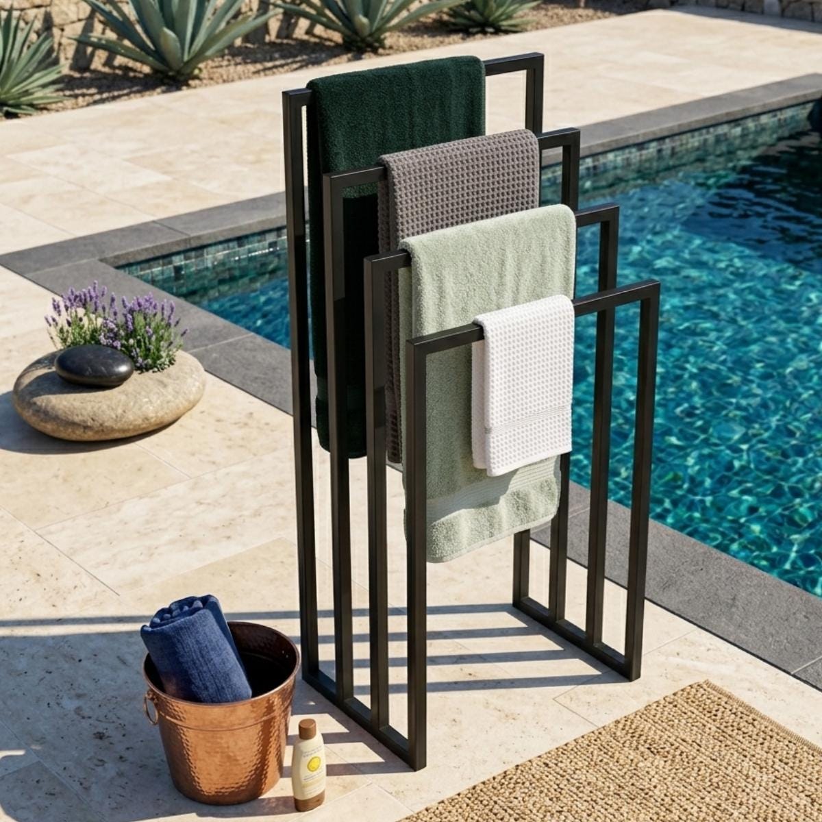 Pool Towel Rack Outdoor Stand, Freestanding Towel Drying Rack for Poolside Patio, Modern Metal Spa Towel Storage