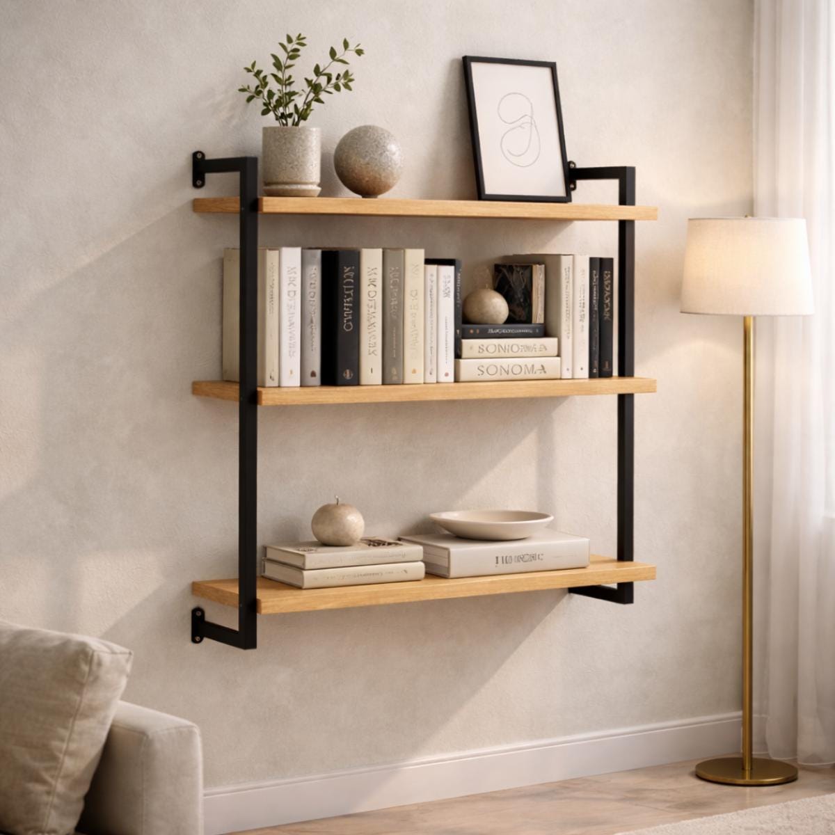 Minimalist wall shelf wood metal 3 tier modern design