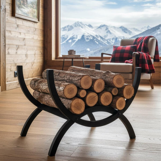 Modern curved firewood holder made of metal used for log storage near fireplace setting