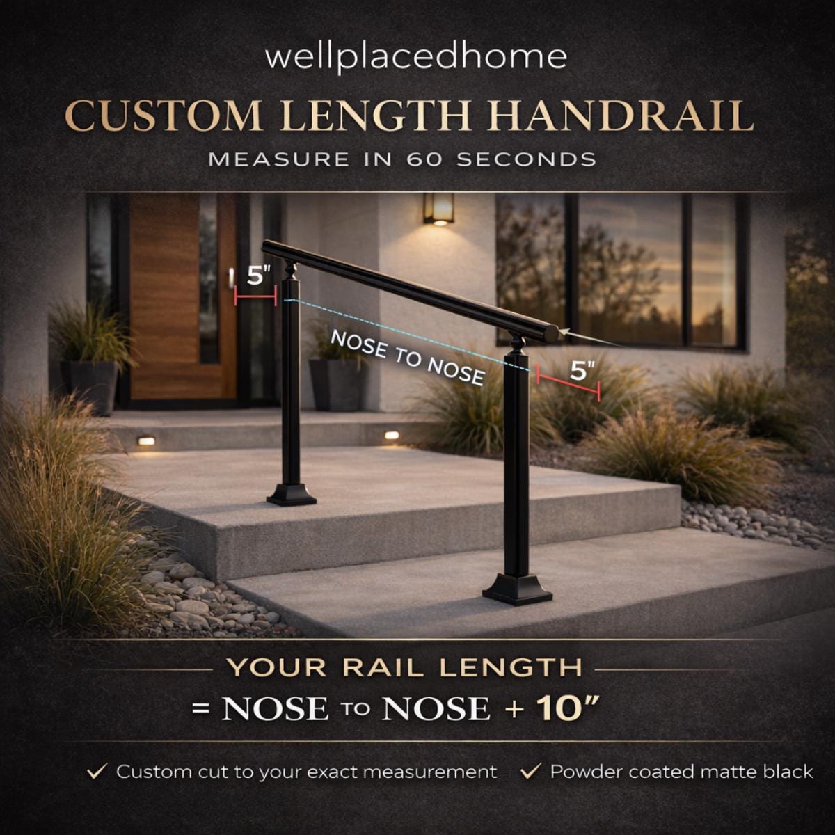 Outdoor step handrail black metal post mounted railing