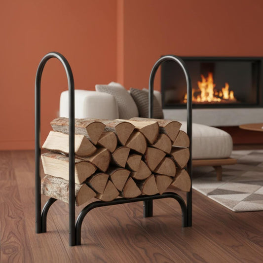 Small firewood rack metal log holder used for indoor wood storage