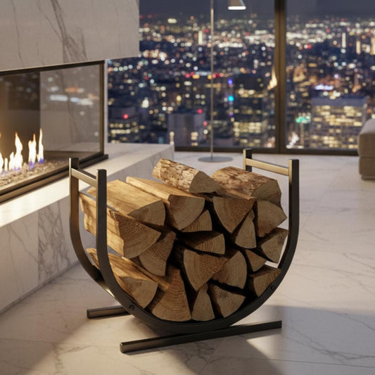 Tall firewood holder metal rack used for indoor log storage near fireplace