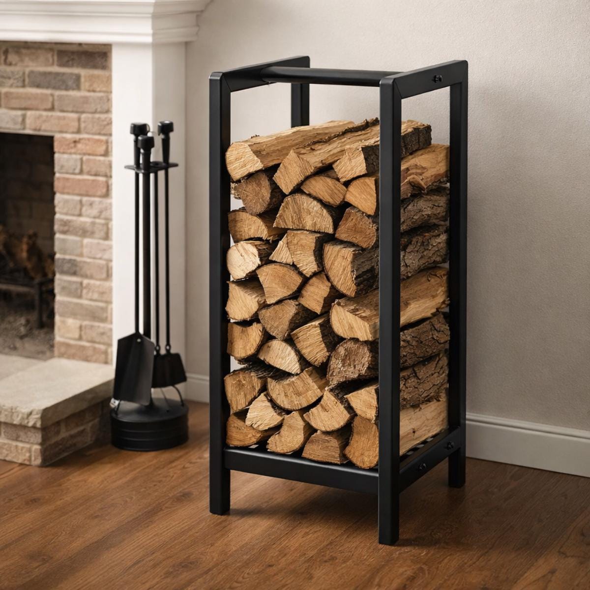 Tall log storage rack black metal firewood holder