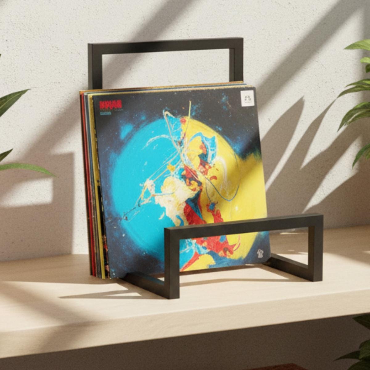 Vinyl record display rack metal stand used as decorative home accessory
