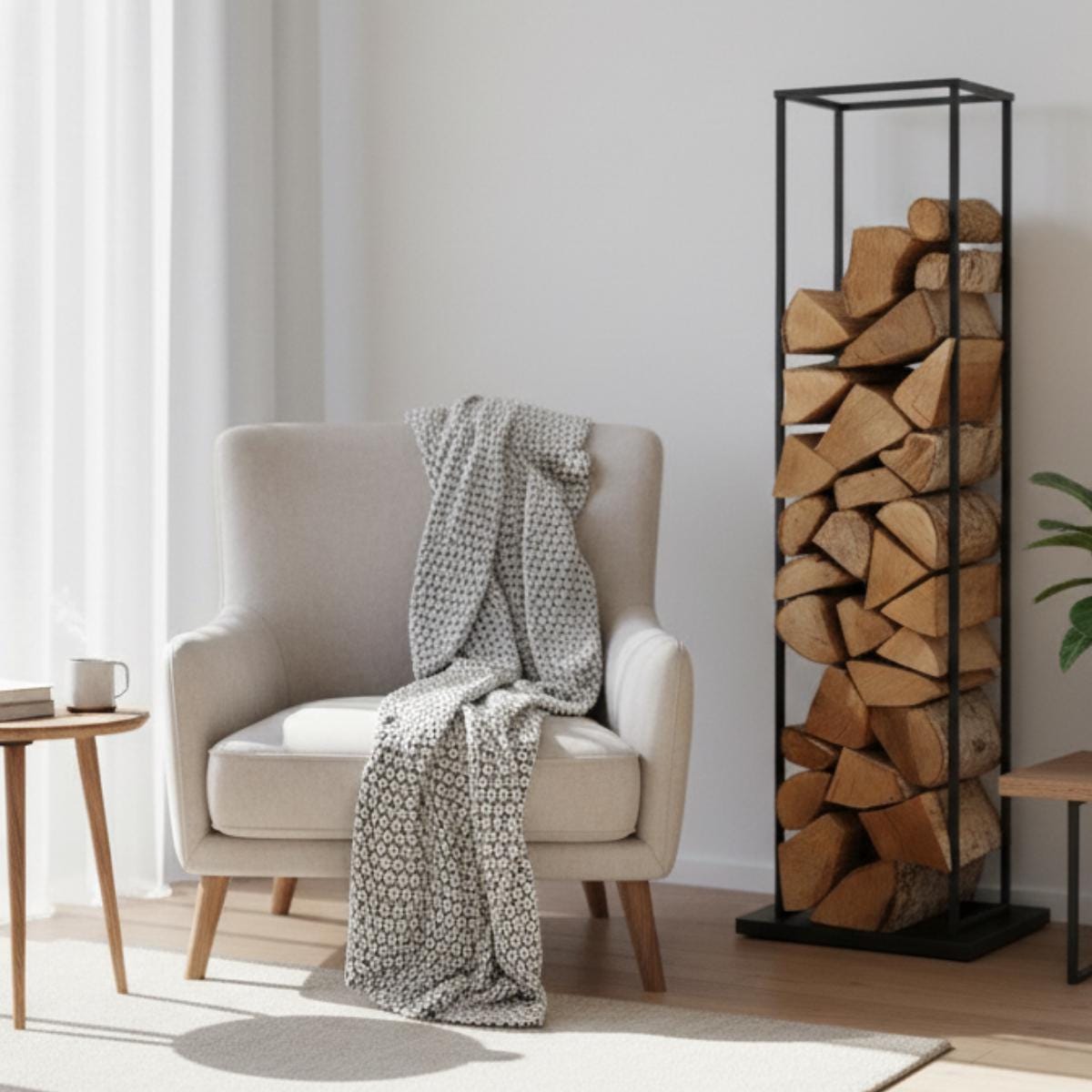 Tall vertical firewood rack black metal indoor log holder, modern space saving firewood storage for living room, freestanding steel log rack for fireplace wood organization