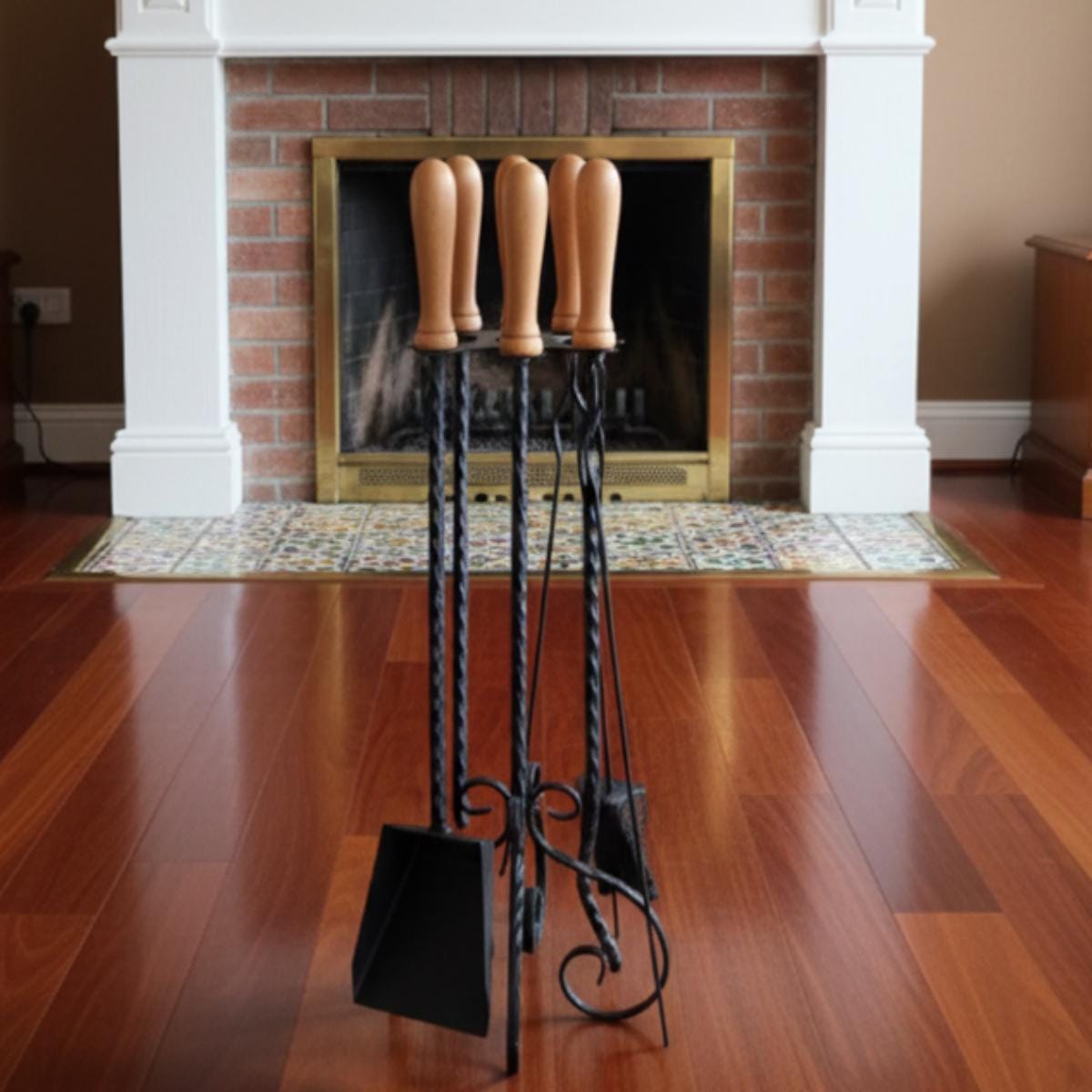 Hand Forged Iron Fireplace Tool Set – Rustic Wooden Handles, 5 Piece