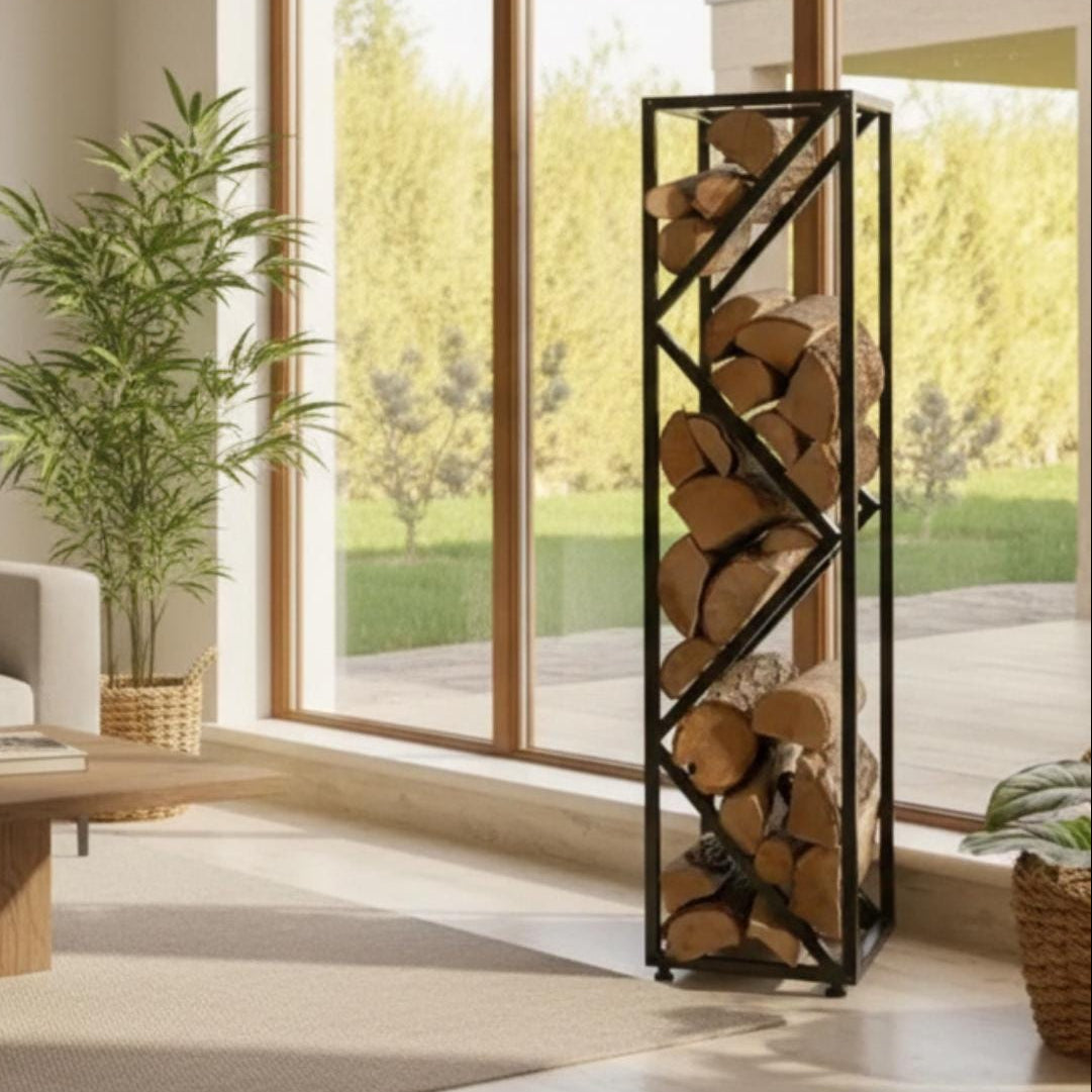 Outdoor firewood rack 60 cm black metal log holder for patio and backyard, modern firewood storage rack for firepit, freestanding steel log holder for indoor and outdoor use