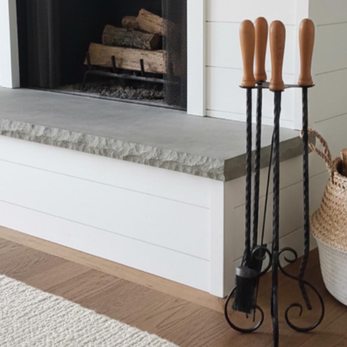 Hand Forged Iron Fireplace Tool Set – Rustic Wooden Handles, 5 Piece