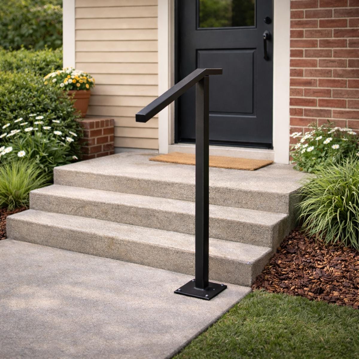 Outdoor entry handrail black metal single post railing