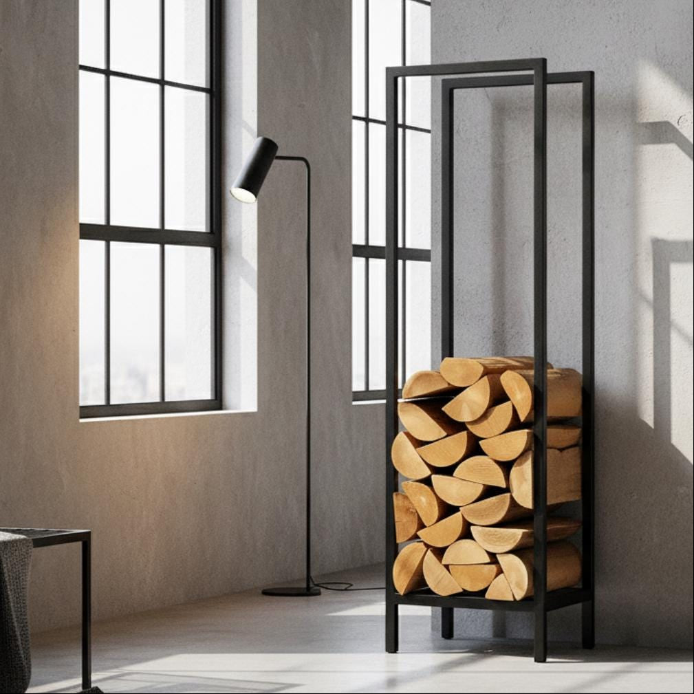 Fireplace side firewood rack vertical black metal log holder, modern indoor firewood storage for living room, freestanding steel log rack for fireplace wood organization