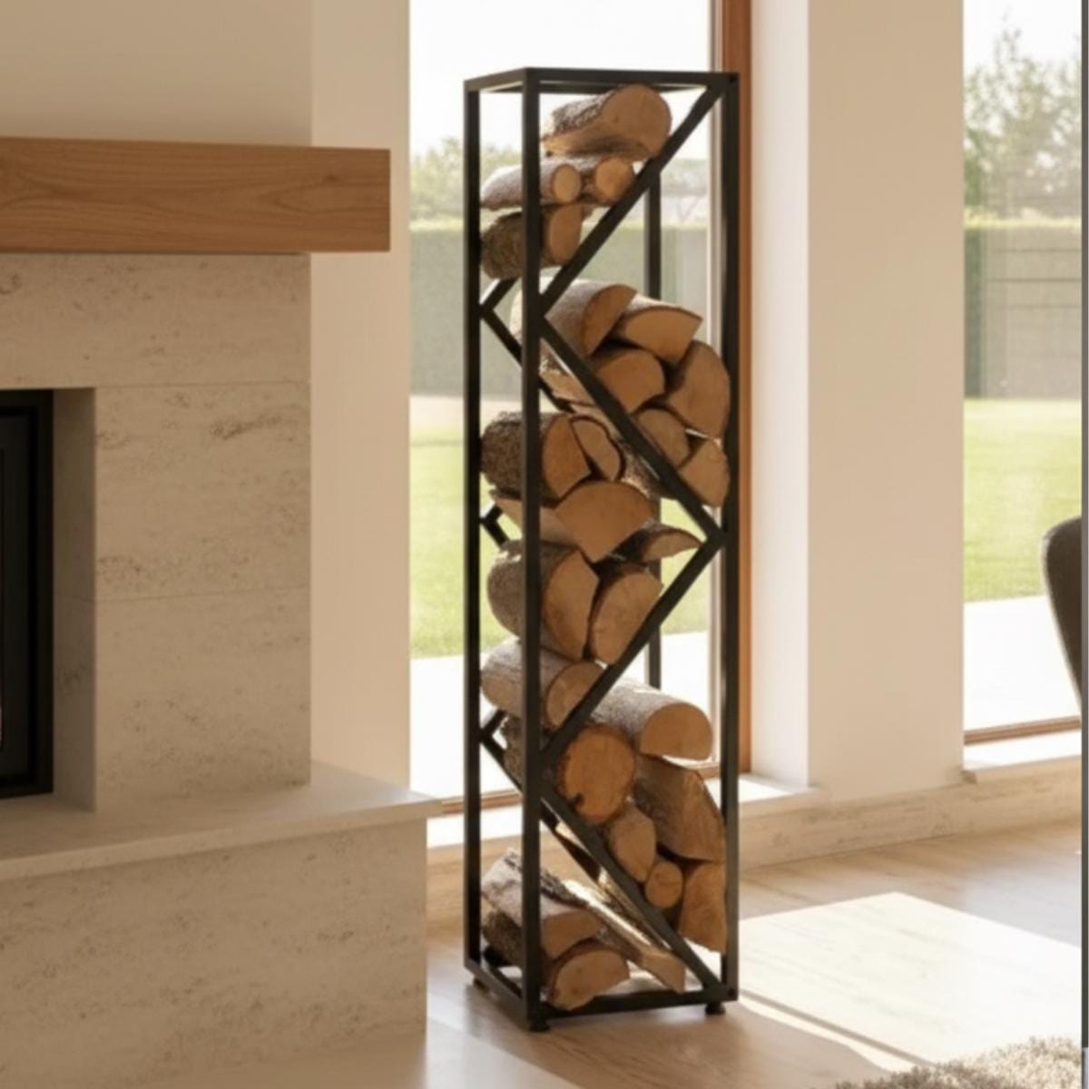 Outdoor firewood rack 60 cm black metal log holder for patio and backyard, modern firewood storage rack for firepit, freestanding steel log holder for indoor and outdoor use