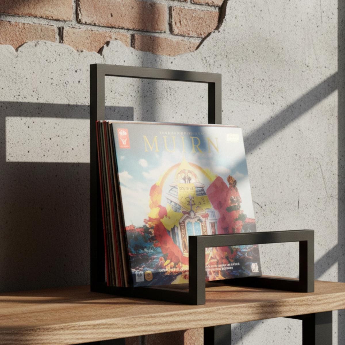 Album display stand metal vinyl record holder used as modern decor piece