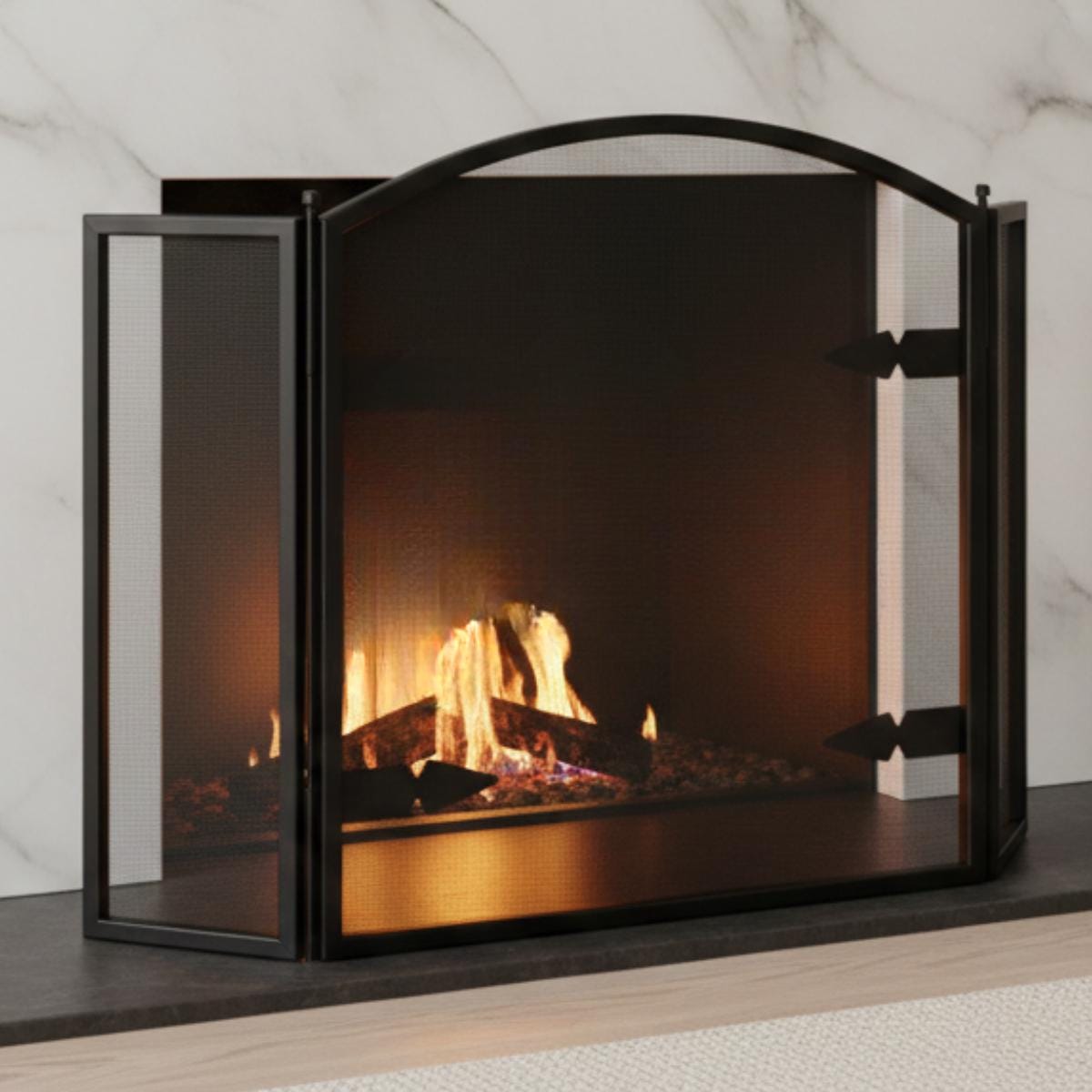 Arched fireplace screen black metal mesh spark guard for indoor fireplace