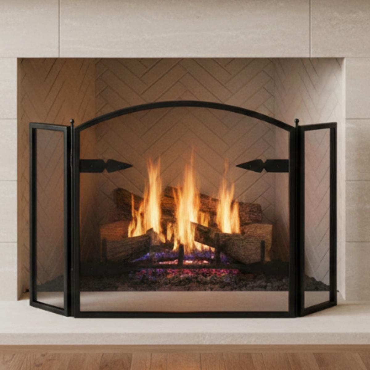Arched fireplace screen three panel mesh folding spark guard
