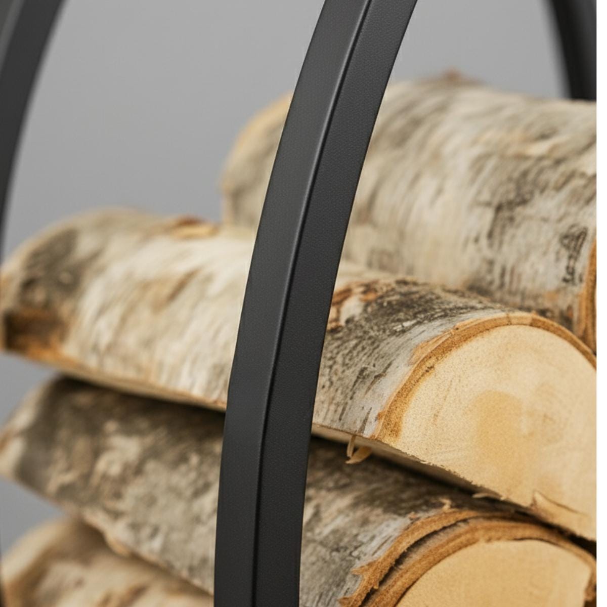 Backyard firewood rack metal log holder positioned near fire pit seating area