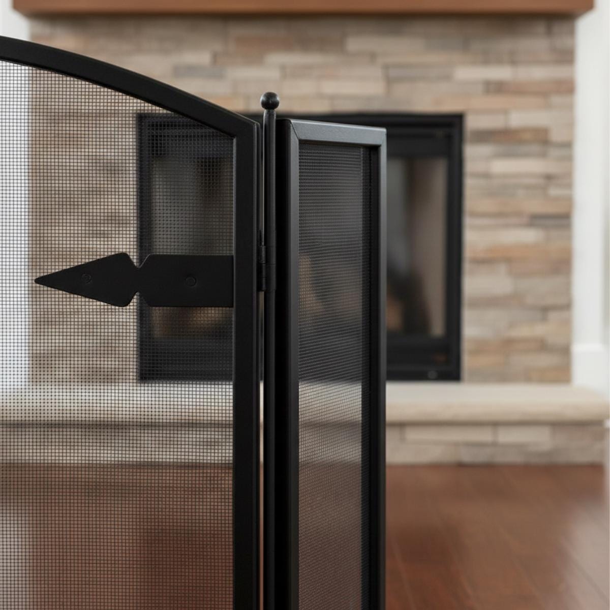 Black metal arched fireplace screen mesh folding panel design