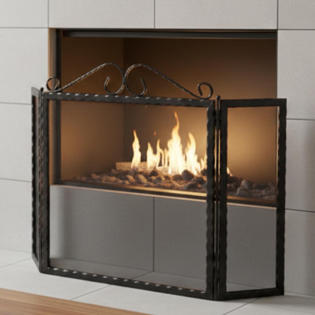 Black metal fireplace screen folding mesh spark guard indoor use