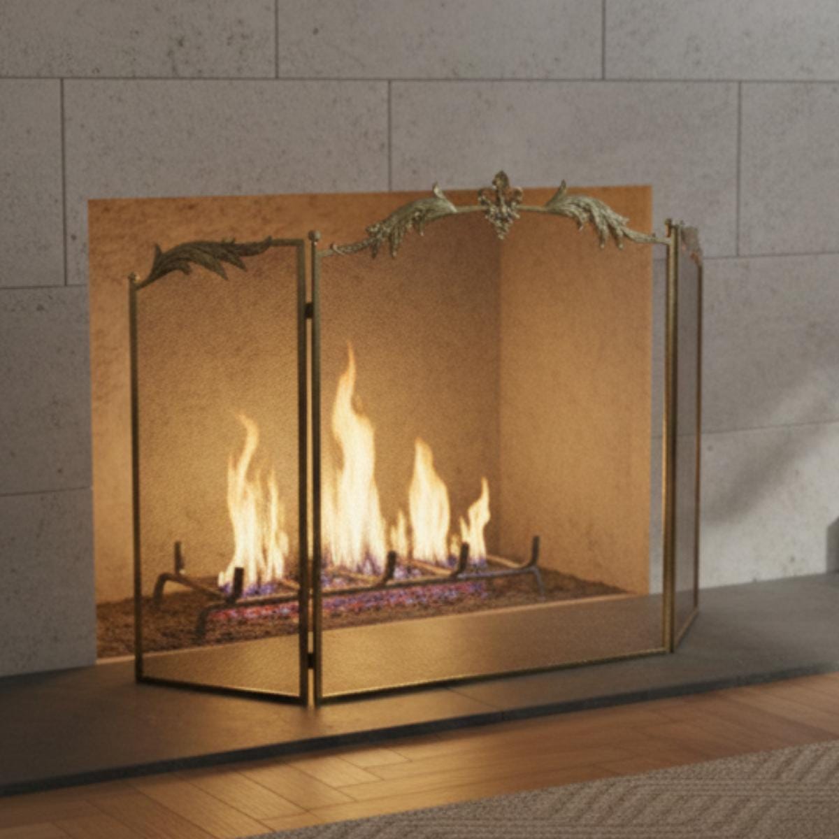 Black metal fireplace screen spark guard with fine mesh panel