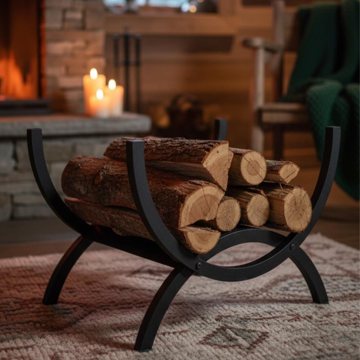 Black metal curved firewood rack holding logs beside fireplace in cozy living space