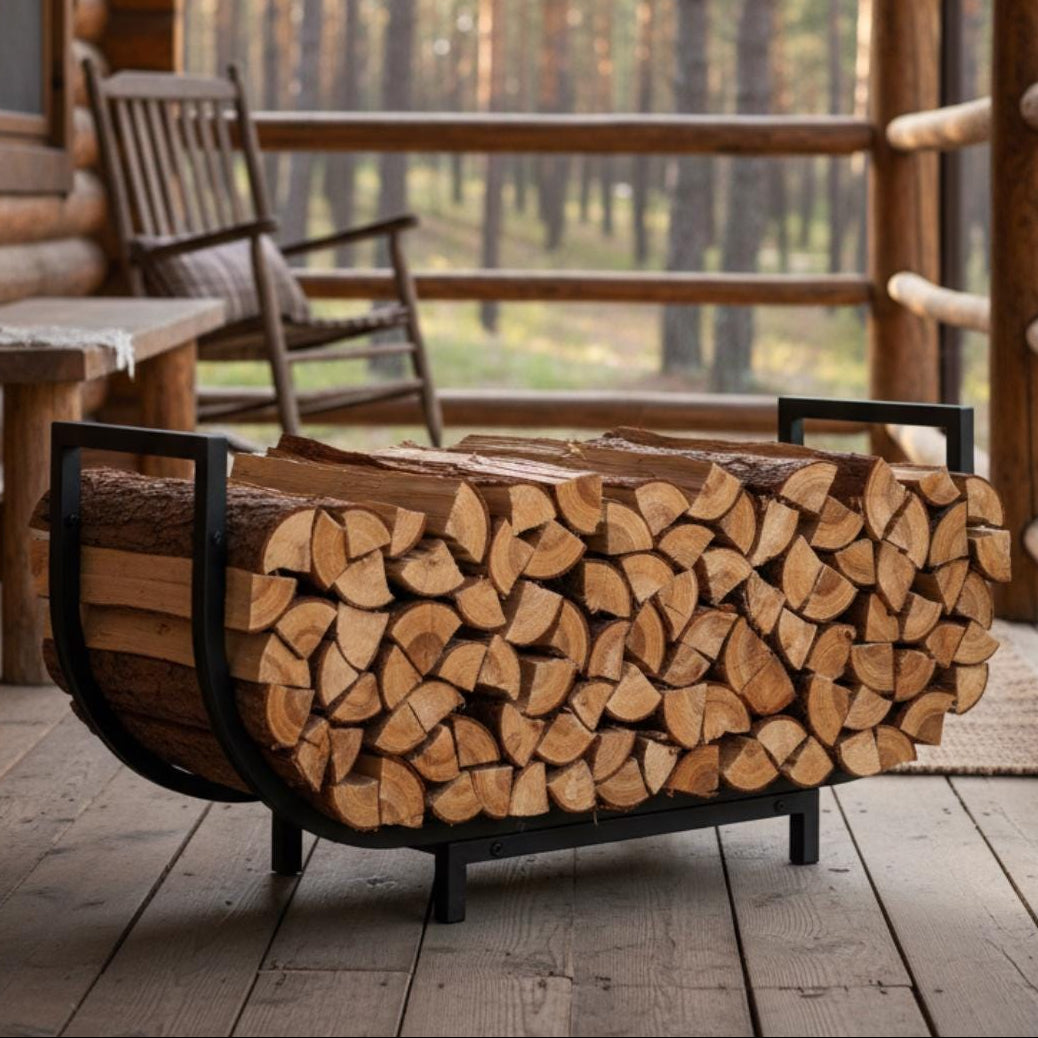 Black metal firewood rack curved log holder indoor