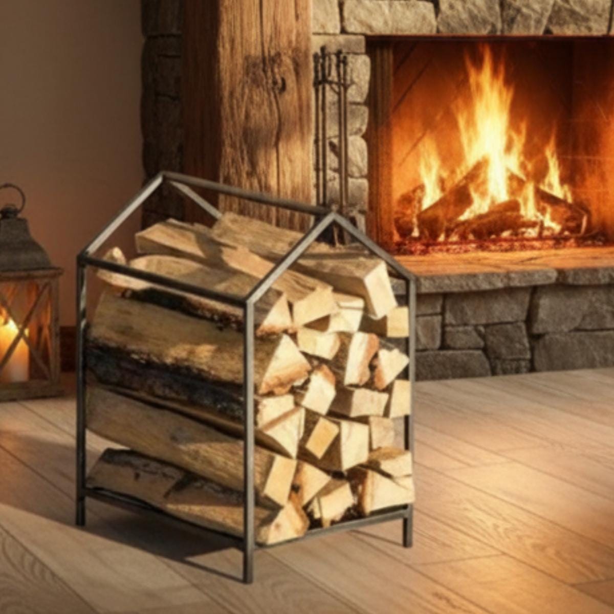 Black metal firewood rack used as indoor fireplace decor with stacked logs in warm setting
