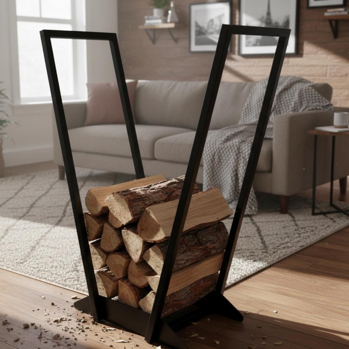 Black metal firewood rack indoor log storage for fireplace