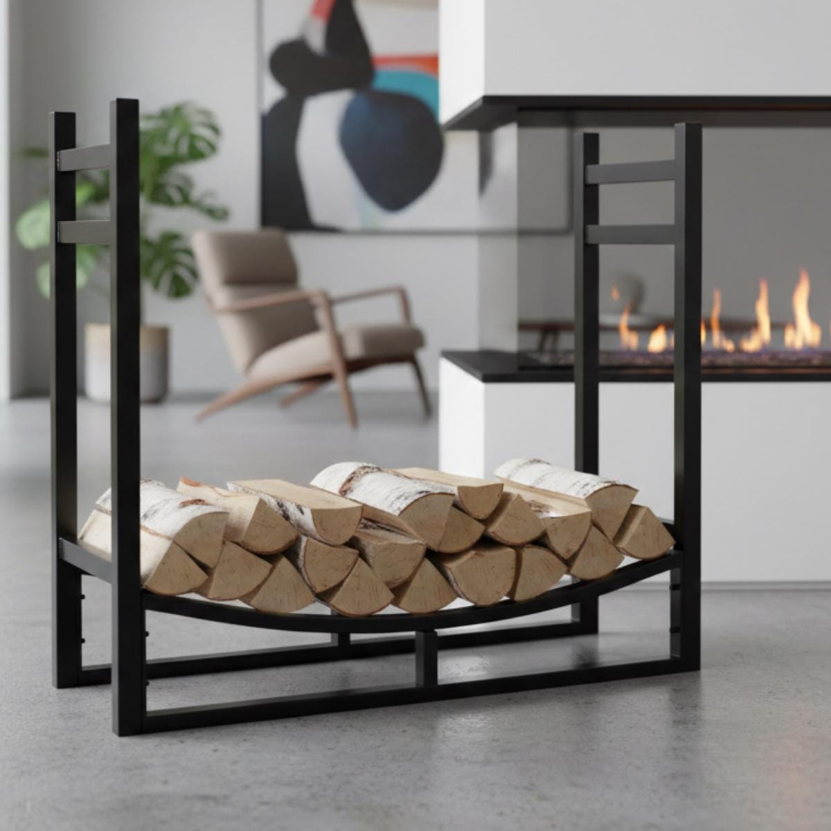 Black metal firewood rack for indoor wood storage, durable and modern design