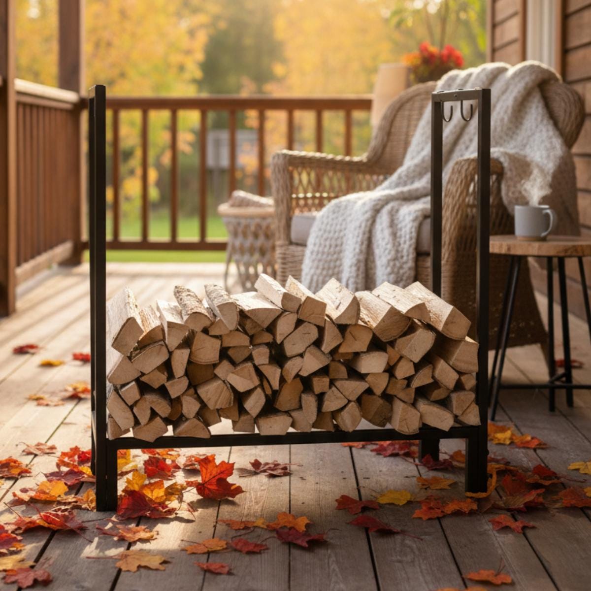 Black metal firewood rack with open frame design for easy access and clean storage