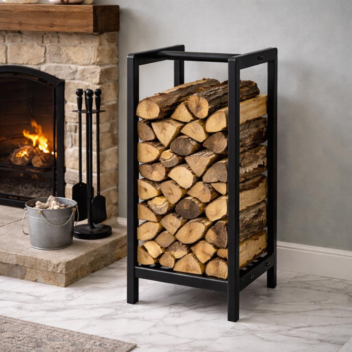 Black metal firewood rack tall log storage near fireplace