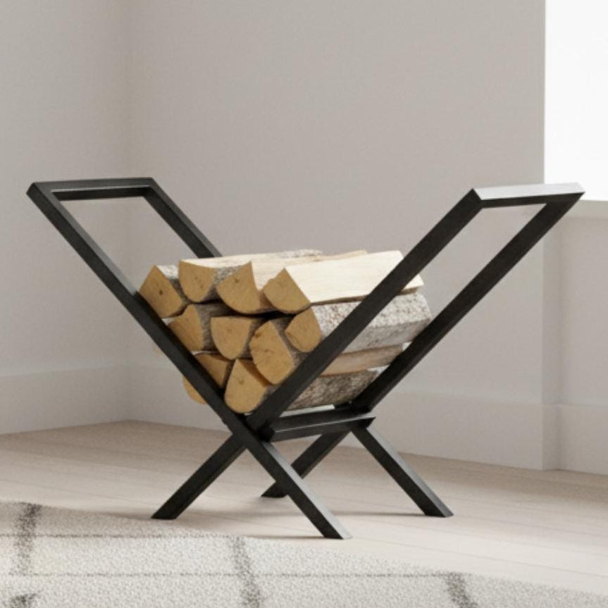 Black metal firewood rack V shaped log holder