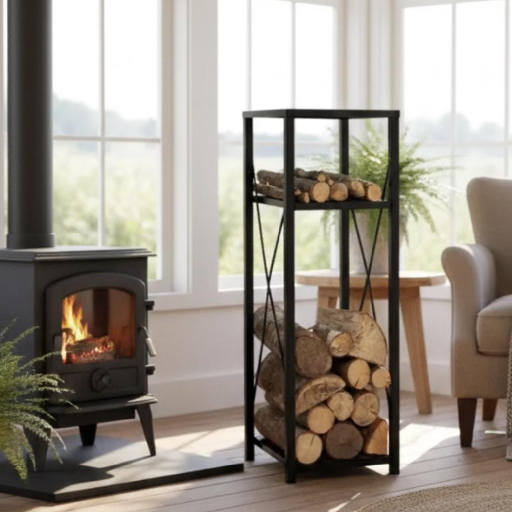 Black metal firewood rack vertical storage for indoor wood logs