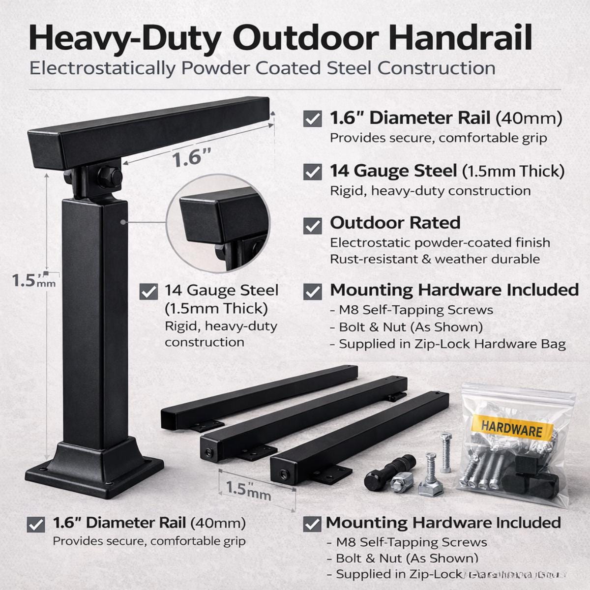 Black metal outdoor handrail stair railing for home entrance