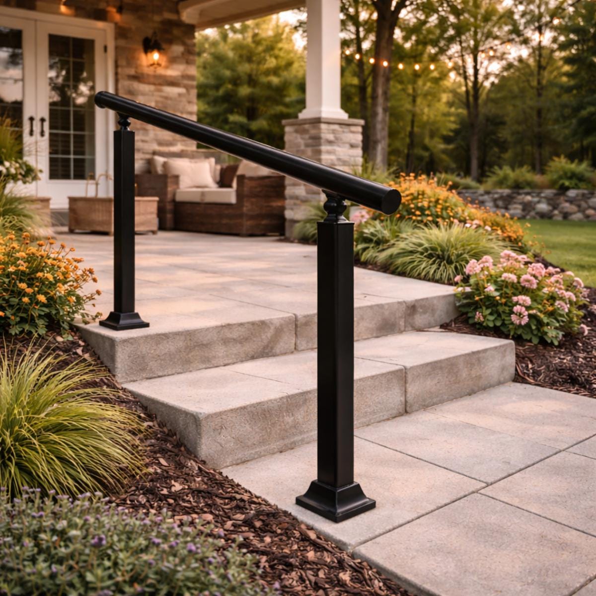 Black metal porch railing outdoor handrail for entry steps