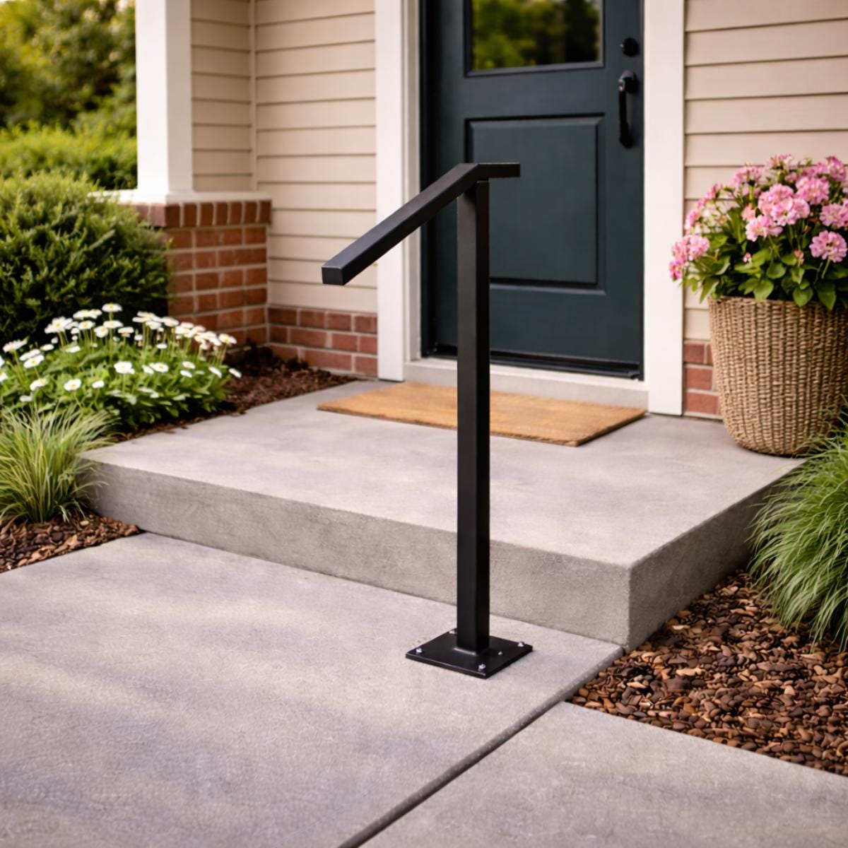 Black metal step handrail single post outdoor safety rail