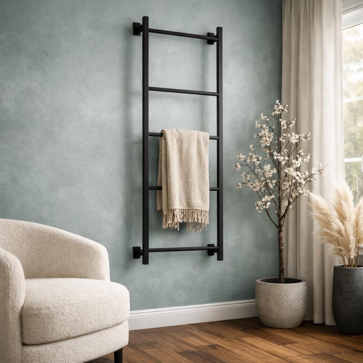 Black metal towel ladder wall mounted minimalist design