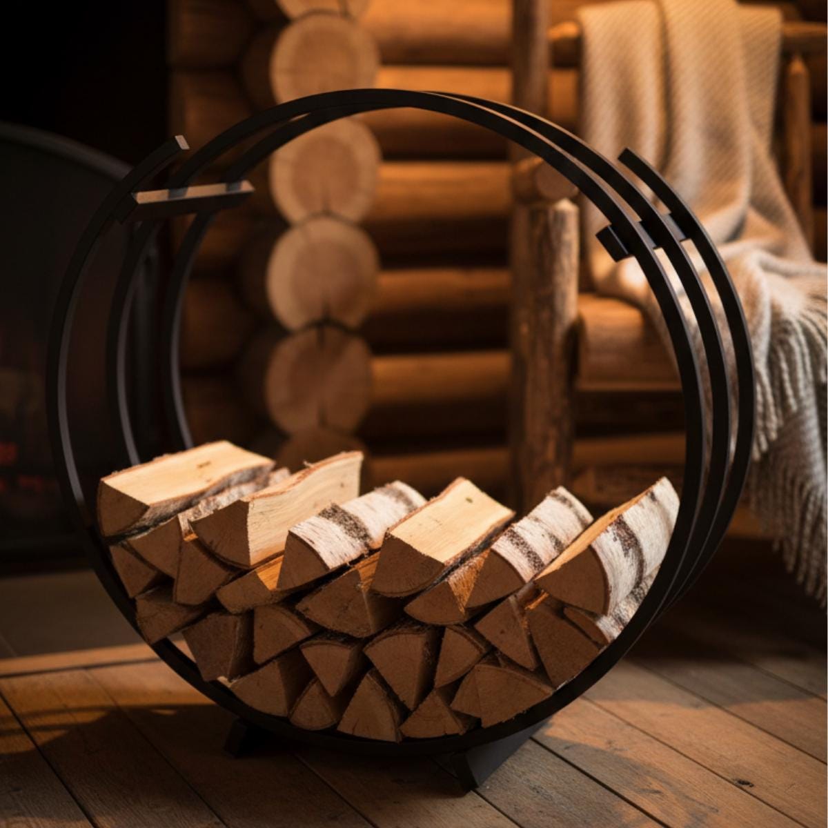 Circular log holder firewood rack with metal frame for indoor storage