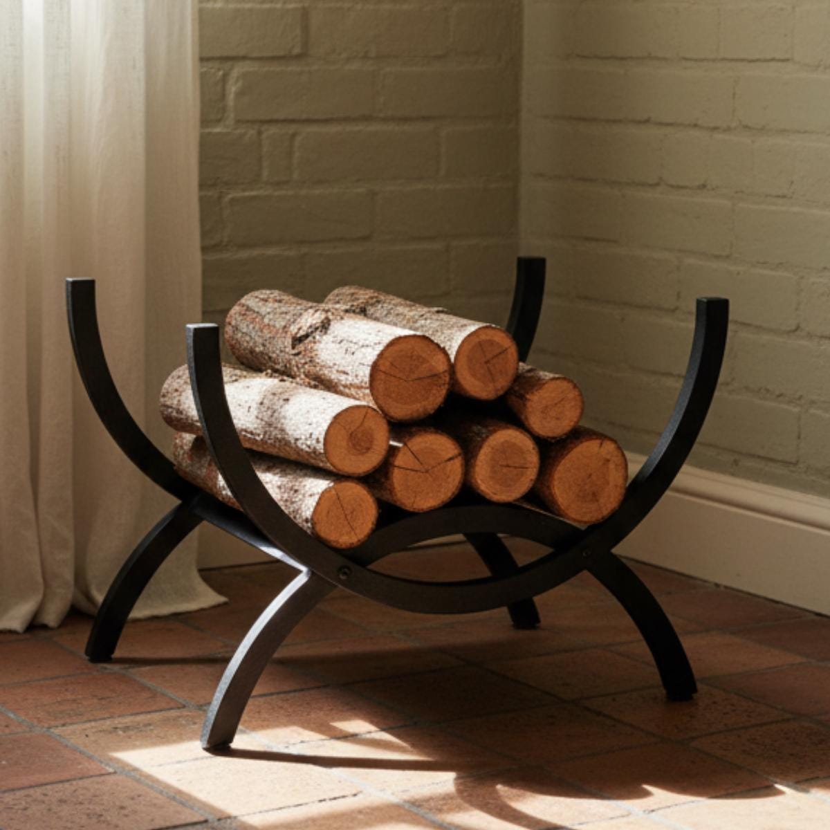Compact curved firewood rack used for indoor log storage near fireplace