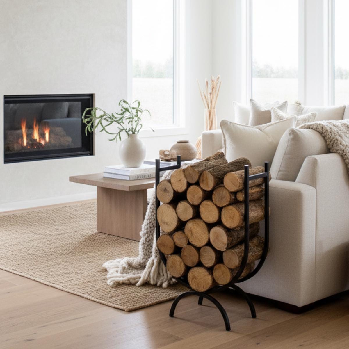 Compact vertical firewood rack designed for indoor log storage