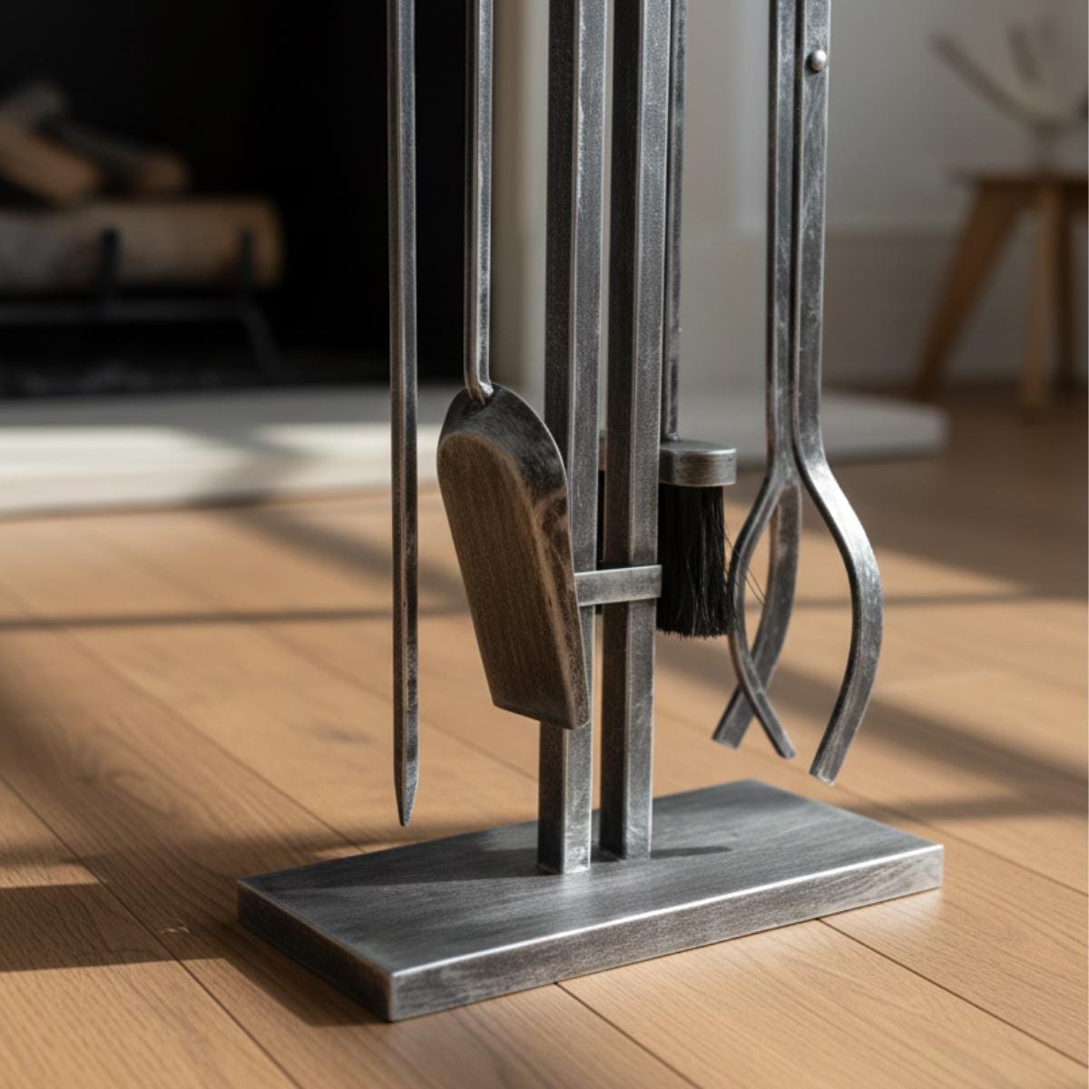 Contemporary fireplace tools set with steel stand including poker and brush