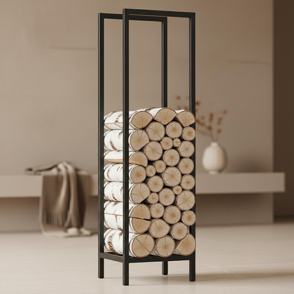 Fireplace side firewood rack vertical black metal log holder, modern indoor firewood storage for living room, freestanding steel log rack for fireplace wood organization