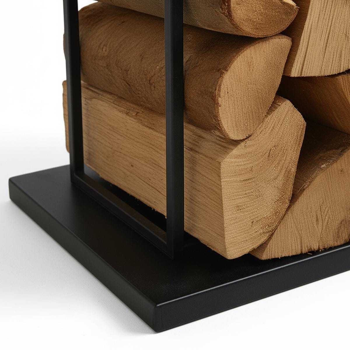 Tall vertical firewood rack black metal indoor log holder, modern space saving firewood storage for living room, freestanding steel log rack for fireplace wood organization
