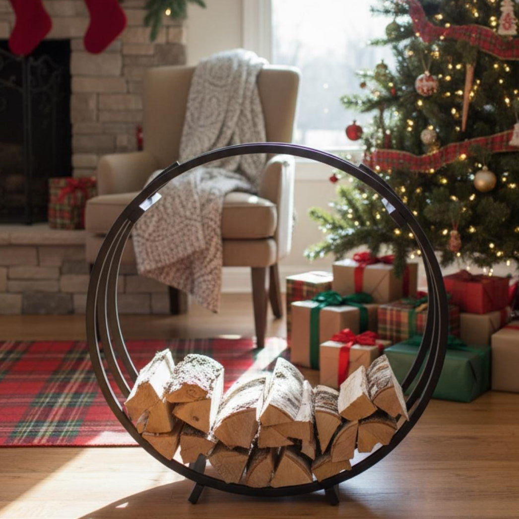 Contemporary round firewood rack metal log holder for modern interiors