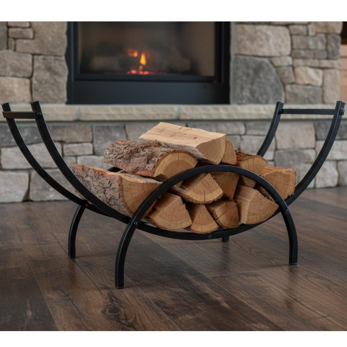 Cradle firewood rack metal log storage used near indoor fireplace