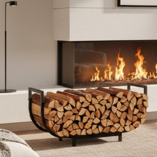 Curved firewood rack black metal indoor log storage