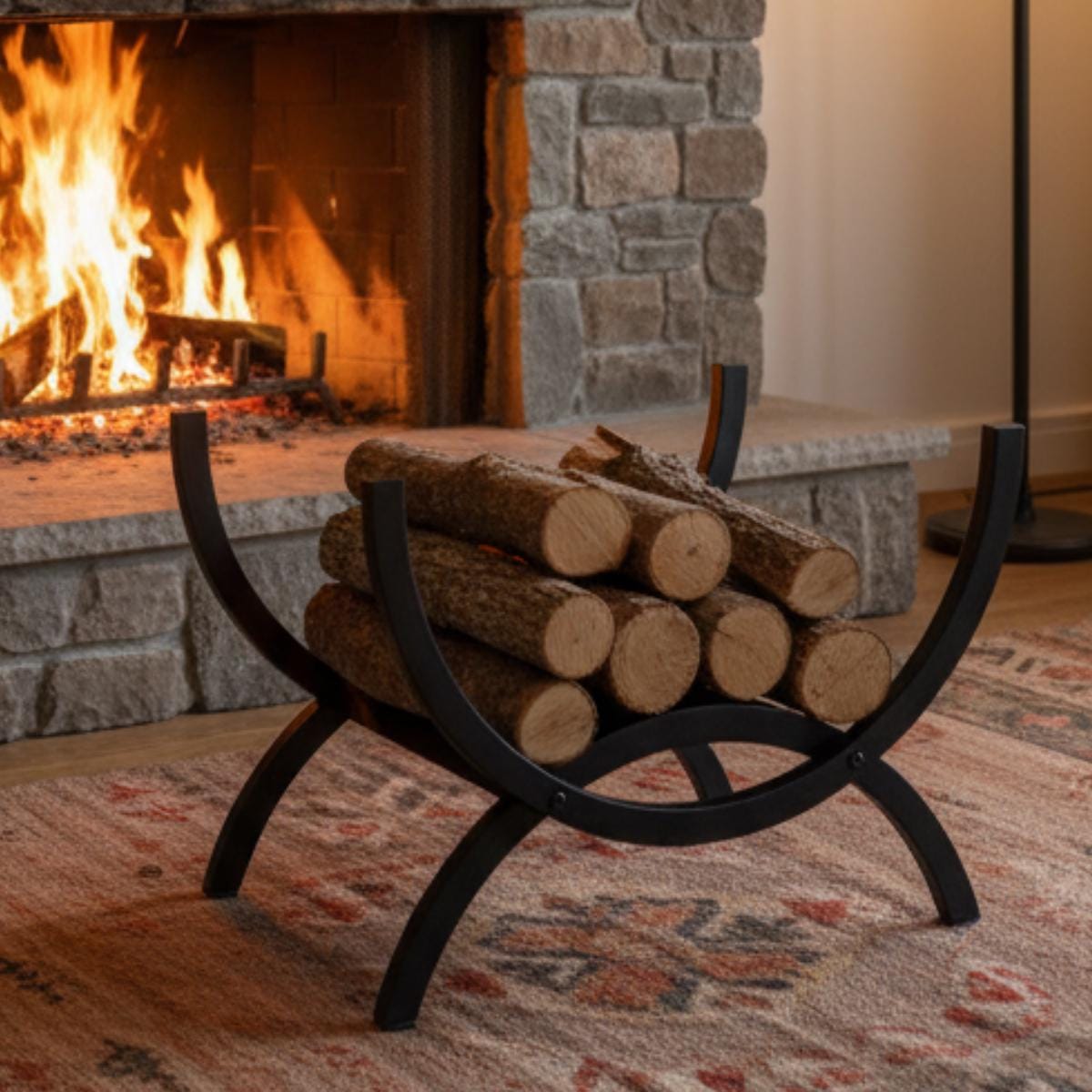 Curved firewood rack indoor black metal log holder placed in front of burning fireplace with stacked wood