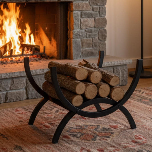 Curved firewood rack indoor black metal log holder placed in front of burning fireplace with stacked wood