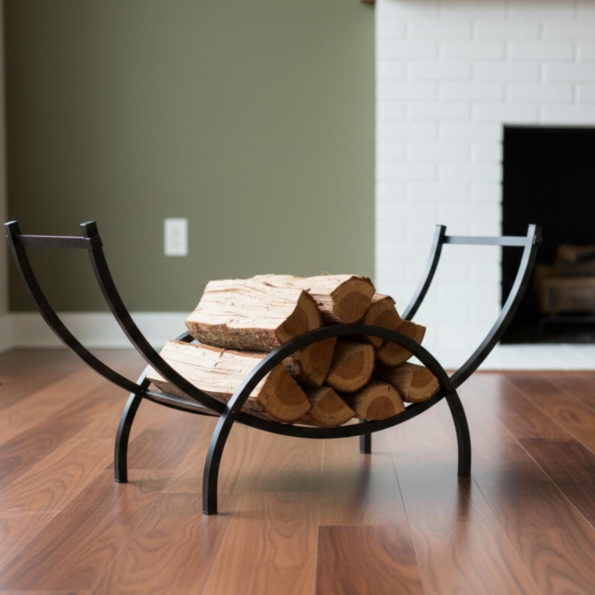 Curved firewood rack metal log holder placed indoors with stacked firewood